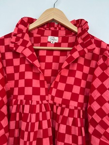 Women Red Pink Checkered Cotton Blouse Ruffle Collar Babydoll <b>Top</b> Casual Summer Boutique Shirt Elastic Cuff Boho Spring Blouse - Product Image 2