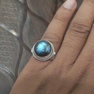 Natural Labradorite Gemstone <b>Ring</b> 925 Sterling <b>Silver</b> Handmade <b>Statement</b> <b>Ring</b> Round Cabochon Boho Vintage Jewelry Gift for Men - Product Image 6