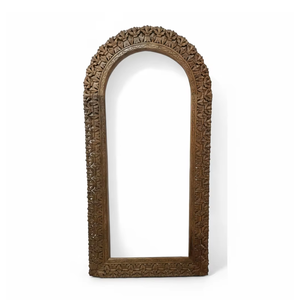 Handcrafted Mango Wood <b>Arched</b> Mirror | Floral Leaf Carved Wooden <b>Frame</b> Decorative Wall Mirror | Home Decor Artisan Accent Piece - Product Image 2