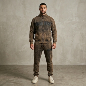 Conjunto Deportivo para Hombre, Color Marrón Oliva, Lavado Ácido, con Cierre, Sudadera Bordada, Pantalones Jogger, Ropa Deportiva, Informal - Product Image 1