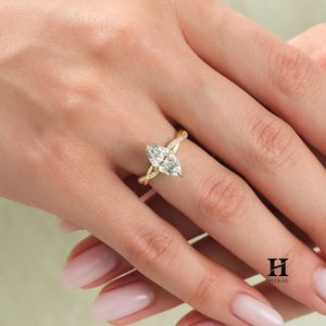 Anillo de compromiso de lujo con diamante de laboratorio talla marquesa, banda de oro amarillo de 14K con diseño de vid retorcida e infinito, anillo solitario - Product Image 5