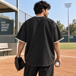 Custom Men's Oversized Baseball Style Jersey Washed <b>Black</b> <b>Button</b> Up Shirt Embroidered Logo Private Label OEM Manufacturer - Product Image 2
