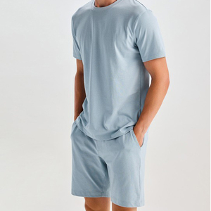 Men's <b>Light</b> Blue Short Sleeve T-Shirt Crew Neck Casual Summer Breathable 100% Cotton Solid Color Regular Fit Shorts Set - Product Image 2