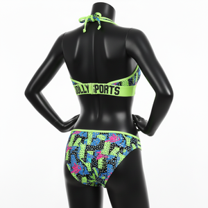 ชุดบิกินี่ผู้หญิง ผ้าโพลีเอสเตอร์ผสมสแปนเด็กซ์ 180 GSM ยืดได้ สีเขียวนีออน พิมพ์ลายหลากสี พร้อมแถบโลโก้แบบกำหนดเอง - Product Image 4