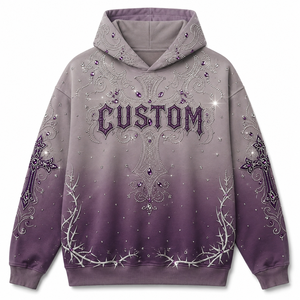 Custom Y2K Rhinestone Hoodie Men Heavyweight Cotton Vintage Ombre Wash Cross Graphic Purple Oversized <b>Punk</b> Streetwear Pullover - Product Image 6