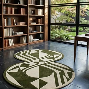 Alfombra de Diseño Geométrica Verde Marfil Contemporánea, Hecha a Mano, de Lana, Abstracta y de Lujo para Sala de Estar, Dormitorio u Hotel - Product Image 4