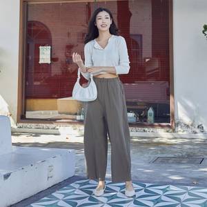 Women's High Waist Wide Leg Pants Solid Color Loose Fit Ankle Length Elastic Waist Casual Summer Style Linen Cotton Fabric - Product Image 1
