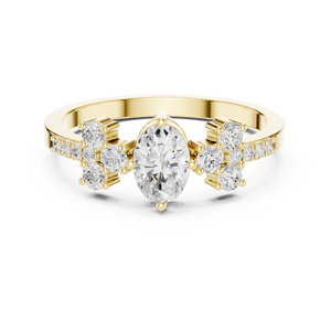 Bague de fiançailles ovale en or jaune 18 carats avec diamants et pierres latérales en grappe |   Bague de mariée sertie de pavés |   Bijoux fins de luxe - Product Image 1