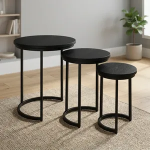 Modern Nested Wood <b>Side</b> <b>Tables</b> Minimalist Design Black Metal Frame Living Room Furniture Wooden iron Nesting <b>set</b> - Product Image 3