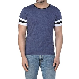 Camiseta de manga corta para hombre, color azul marino, cuello redondo, corte ajustado, ribete en contraste, informal, lisa, de punto jersey. - Product Image 1
