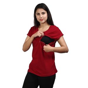 Camiseta Casual Roja para Mujer con Cierre Frontal, Transpirable, de Punto, Manga Corta, Cuello Redondo, Corte Regular, Color Sólido, para Todas las Temporadas - Product Image 3