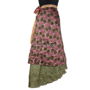 Indian Vintage 100% Silk Long Magic <b>Wrap</b> Skirt 2 Layer Reversible Magic Silk Saris <b>Wrap</b> Long Skirt Silk <b>Sarong</b> Beach Pareo Long - Product Image 1