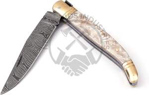 Nuevo cuchillo plegable estilo Laguiole de Damasco, forjado a mano, con escamas de resina de color exótico, con pomo y taladro de latón. - Product Image 5