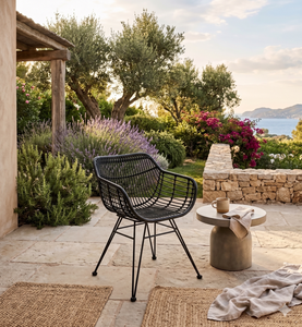 Modern Nordic Black PE Rattan Accent <b>Chair</b> Minimalist Hand Woven Plastic Wicker Armchair Luxury Outdoor Patio Dining Furniture - Product Image 1