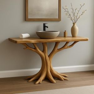 Base de meuble-lavabo de luxe artisanale moderne en racine d'arbre antique, console de salle de bain artistique en bois massif avec miroir mural inclus - Product Image 1