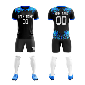 Vente en gros d'uniformes de football personnalisés élégants et bon marché, ensemble complet noir et bleu, 100% polyester respirant, séchage rapide, service OEM pour l'été - Product Image 3