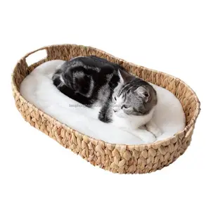 有机椭圆形猫窝带手柄和垫子藤编宠物床宠物用品四季通用可洗