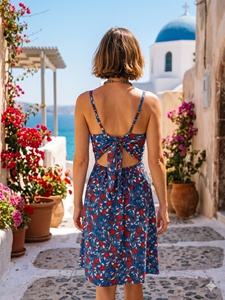 Vintage Y2K Boho Floral Print Spaghetti Strap A-Line Knee-Length Eco-Friendly Cotton Rayon Breathable Woven Summer Casual <b>Dress</b> - Product Image 5
