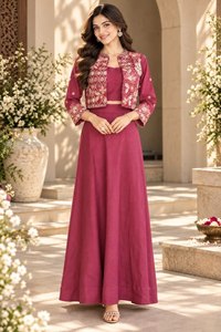 Conjunto de falda Lehenga de 3 piezas de seda Vichitra premium para mujer con chaqueta bordada, top corto, bordado con hilo dorado, lentejuelas y perlas B - Product Image 1