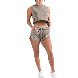Women Acid Wash Crop Top and Shorts <b>Set</b> Sleeveless <b>Two</b> <b>Piece</b> Casual <b>Lounge</b> Wear Gray Knitted Cotton Spandex - Product Image 4