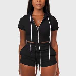 Custom Logo <b>Short</b> Sleeve Tracksuit <b>Lounge</b> Set OEM Wholesale Women's Two Piece Crop Zip Up Hoodie <b>Shorts</b> Set - Product Image 4