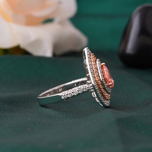 14K <b>Gold</b> Fine <b>Ring</b> with 0.68 CT Vivid Red Lab Grown Pear Diamond Double Halo Design - Product Image 3