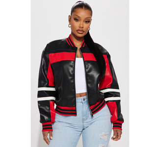 Chaqueta Bomber Negra y Roja de PU con Bloques de Color, Cuello Camisero, Cierre de Cremallera, Estilo Deportivo, Corte Regular, Unisex, para Otoño - Product Image 1