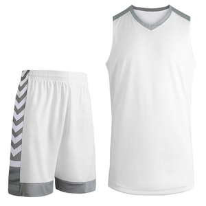 Ensemble de maillot et short de basket-ball blanc sans manches à col en V avec imprimé géométrique, vêtements de sport en polyester respirant pour hommes - Product Image 1