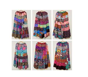 Faldas Maxi de Seda Bohemias al por Mayor con Diseño de Patchwork en Capas, Coloridas, Estilo Hada, Exóticas, Largas, Fluidas, a Rayas, Recicladas, para Fiesta de Ibiza - Product Image 1