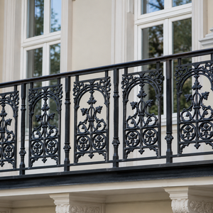Classic Black Wrought Iron Balcony <b>Railing</b> with Arched Floral Panels for Villa Exterior Window Terrace Guardrail - Product Image 1