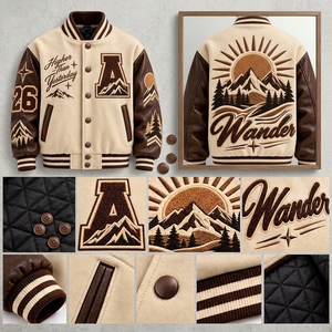 Veste pour homme, couleur crème et marron, style baseball, veste letterman, corps en laine, manches en cuir, design brodé, veste bomber d'équipe - Product Image 6