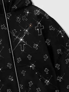 Sweat-shirt à capuche pour homme, style urbain, décontracté, tendance, avec strass, poches et fermeture éclair sur le devant - Product Image 3