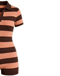 Combinaison en tricot rayée marron chocolat et pêche pour femme, manches courtes, col polo, en coton, décontractée, été, coupe ajustée - Product Image 3