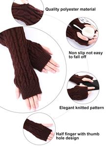 Calentadores de brazos de punto trenzado para mujer, rojo, marrón, gris, sin costuras, acrílicos, guantes largos sin dedos/manguitos para brazos - Product Image 5