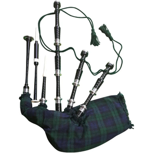 Gaita de cimbalones escocesa modelo SK-SB-312 de palo de rosa con acabado negro pulido, monturas plateadas y tartán verde, personalizada para banda de marcha. - Product Image 2
