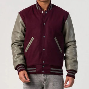 Chaqueta Varsity Marrón para Hombre con Mangas de PU Gris, Corte Regular, Cuello Camisero, Color Sólido, Ropa Casual de Otoño - Product Image 1