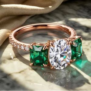 Anillo de Compromiso de Plata de Ley Chapado en Oro con Moissanita de Corte Ovalado y Piedras Laterales de Esmeralda de Laboratorio, Anillo de Lujo para Boda y Aniversario - Product Image 3