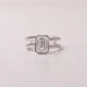 Hand Made Solitaire Ring In Lab Grown Emerald Cut IGI Certified Diamond And 14 Kt White Gold Luxurious Design For Women