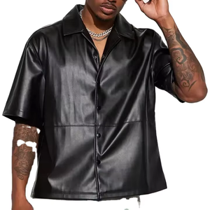 Chemise décontractée noire en satin à manches courtes pour homme, col rabattu, style urbain, tenue d'été - Product Image 4