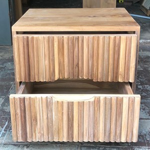 Mesa de Noche con 2 Cajones, Ecológica, de Lujo, Moderna, Minimalista, de Madera de Teca Sólida, Acanalada, para el Hogar, Hotel, Dormitorio - Product Image 4