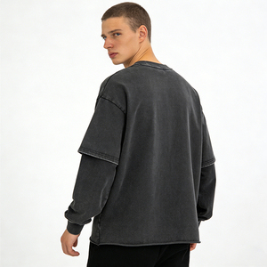 T-shirt Boxy Homme Personnalisé Sérigraphié 300 g/m² Coton Lavé Streetwear Vintage Effet Acide Double Couche Manches Longues - Product Image 2