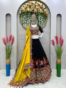 Mirror Work Faux Georgette <b>Lehenga</b> Choli Set Black Yellow Embroidered Ethnic Wear <b>Women</b> Traditional Indian Diwali Party - Product Image 1