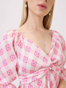 Vestido Midi Formal Holgado con Estampado Floral Rosa, Ecológico, para Verano, Cuello en V, Manga Tres Cuartos, Cintura Natural - Product Image 3