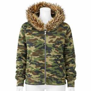 Sweat à capuche zippé pour homme en molleton de coton vieilli, avec capuche amovible en fausse fourrure, motif camouflage, coupe courte et carrée, pour fabricants de vêtements - Product Image 1