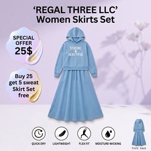 Women's Long Sleeve Hooded Ladies Print Drawstring Waist Floor-Length Casual Style 100% Cotton Knitted Fleece <b>Skirts</b> Set Ladies - Product Image 1