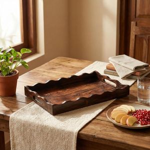 Plateau de service rectangulaire moderne en bois de manguier avec poignées, plateau de service alimentaire polyvalent pour la maison et le salon - Product Image 2