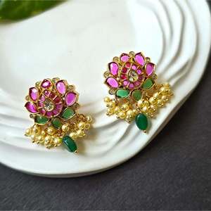 <b>Lotus</b> Kemp Stud Earrings with Green Beads-Classic Asscher Cut Diamond & <b>Pearl</b> Style - Product Image 1