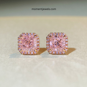 Pink Moissanite <b>Stud</b> Earrings 10K Solid Gold Princess Cut Claw Setting Halo Earrings for Women Wedding Gift - Product Image 3