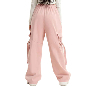 Triveers Pink Cargo Pants Loose Fit <b>Drawstring</b> Waist Multi Pockets Casual Full Length Solid Color Polyester <b>Trousers</b> For Women's - Product Image 2