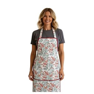 Delantal con Estampado Floral y Ribete Rojo, Delantal de Cocina de Algodón Lavable a Máquina, Estilo Clásico para Uso Diario, 1-4 Bolsillos, al por Mayor - Product Image 1